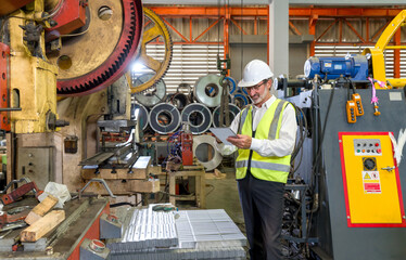 Senior engineer working in metal sheet manufacture, control the industrial machinery with application on tablet computer. Various kind of industrial machine are in the working area.