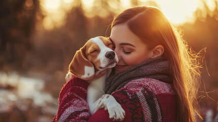 Warm embrace between woman and Beagle puppy at sunset in autumn.