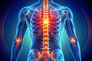 Vibrant 3D illustration of human lumbar spine anatomy showing inflamed discs and vertebrae, highlighting degenerative joint disease and herniation, with detailed neural structures.