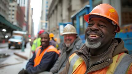 Obraz premium Smiling construction worker in hard hat and safety vest. ..
