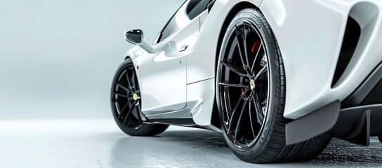 A low-angle shot of a parked white sports car. White Sports Car with Black Wheels. Copy Space. AI generated image