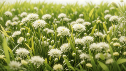 This is a close-up of a field of green grass with small white flowers