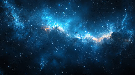 A dark blue space background with a swirly, blue and white nebula, and many white stars.