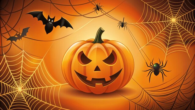 Spooky orange and black Halloween 2024 illustration featuring a pumpkin, ghost, bat, and spider web, perfect for festive invitations, decorations, and digital designs.