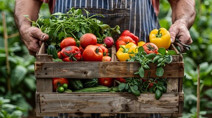Farmer holding a wooden box full of fresh vegetables 