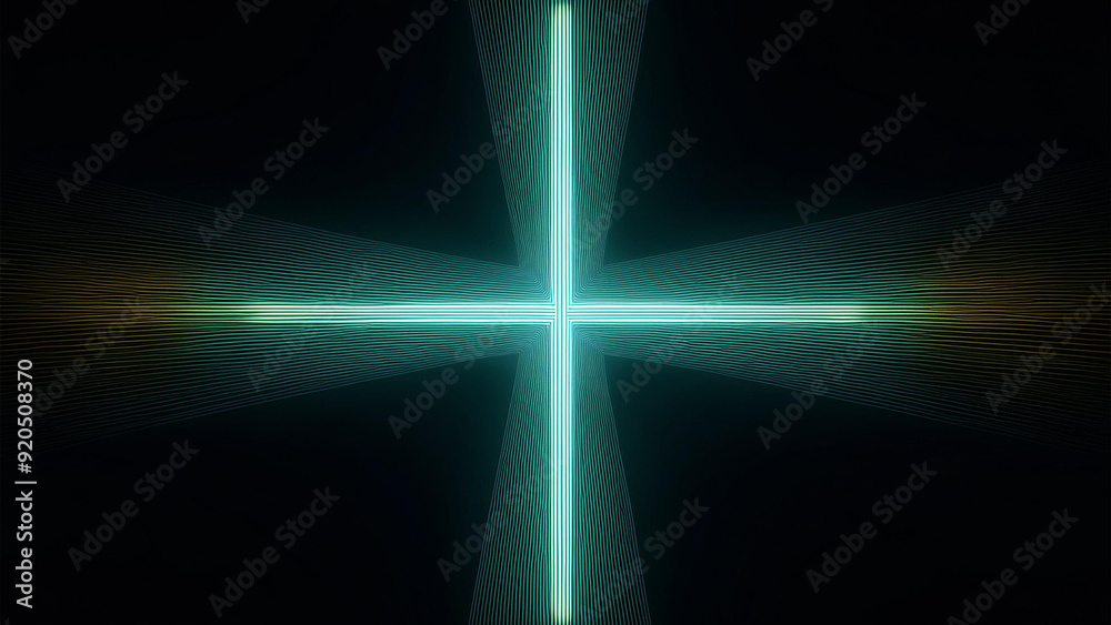 Wall mural A neon cross in a cyberpunk atmosphere on a dark background exposing the cross. 4K illustration