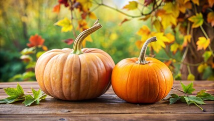 Two ripe orange pumpkins with creamy white stems and vines sit side by side on a rustic wooden table, surrounded by lush green fall foliage.