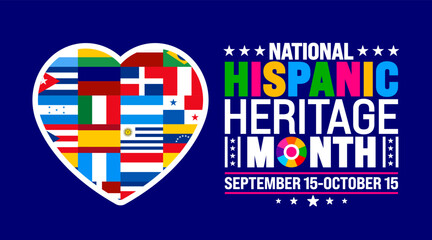 National Hispanic Heritage Month festival love icon world flag background or banner template. use to banner, card, poster, placard, design template with unique shapes.