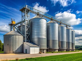 Large agricultural silo stands tall beside a feed mill factory, its massive tank storing grains for the manufacturing of animal feed products.