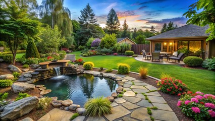 Vibrant backyard oasis with rustic stone patio, manicured lawn, and lush greenery, featuring a serene water feature and artistic pathways, evoking a sense of relaxation.