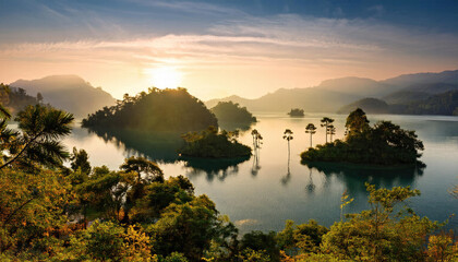 Tropical islands in the middle of the lake at sunset