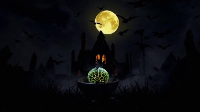 Halloween celebration with haunted house silhouette. 