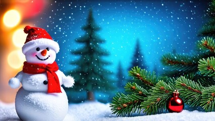 Fototapeta premium Winter Christmas background with snowman with red scarf and hat near Christmas tree.