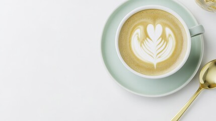 Latte Art Coffee Cup with Green Saucer on White Background