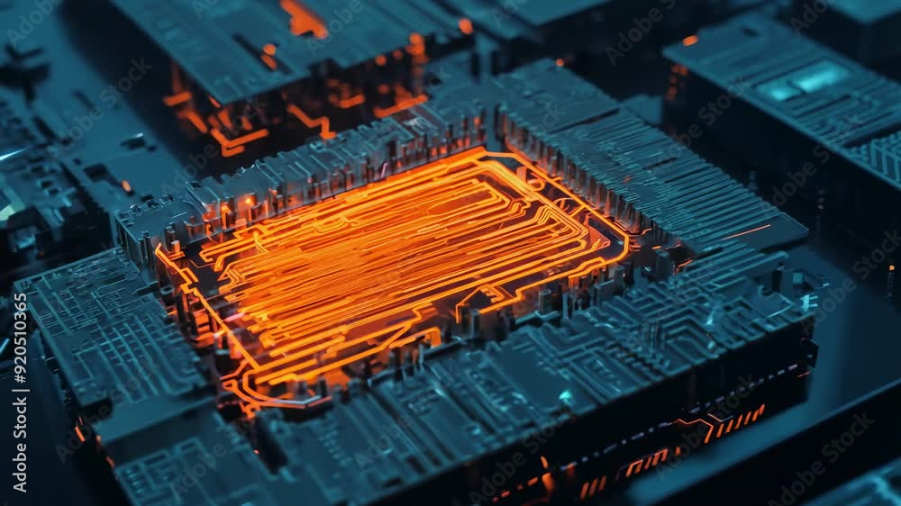 Poster close-up of a computer circuit board highlighting intricate lines and design at night