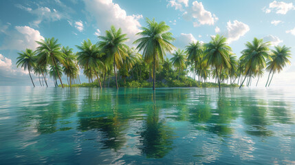 Obraz premium Pristine Tropical Island Idyll: High-Resolution, Hyper-Realistic Palm Trees on Crystal Waters, Soft Sunlight, and Natural Clarity Reflected in a White Canvas of Peace. 