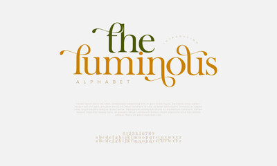 Theluminous swash luxury elegant alphabet letters and numbers. Vintage wedding typography classic serif font decorative vintage retro. creative vector illustration