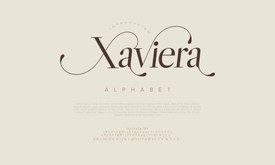 Xaviera swash luxury elegant alphabet letters and numbers. Vintage wedding typography classic serif font decorative vintage retro. creative vector illustration
