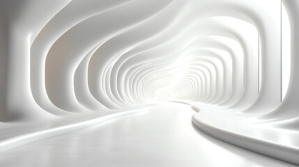 A long, white, tunnel-like space with a bright light at the end.