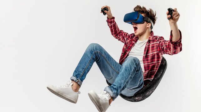 Young person experiencing virtual reality while seated in a swivel chair indoors during daylight