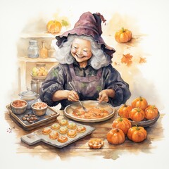 Custom vertical slats for kitchen with your photo Smiling Witch Baking Pumpkin Treats in a Cozy Autumn Kitchen