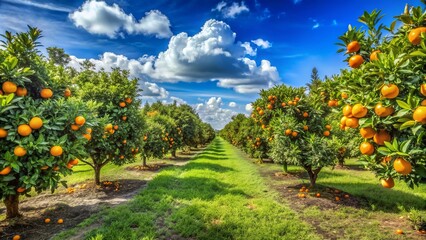 Naklejka premium Vibrant orange grove under sunny blue sky in rural Florida, with lush green trees heavy with juicy oranges, showcasing the state's thriving agricultural industry.