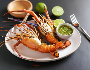 Closeup Thai food grilled river prawn served on white ceramic plate with Seafood dipping sauce and black table background