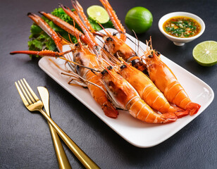 Closeup Thai food grilled river prawn served on white ceramic plate with Seafood dipping sauce and black table background