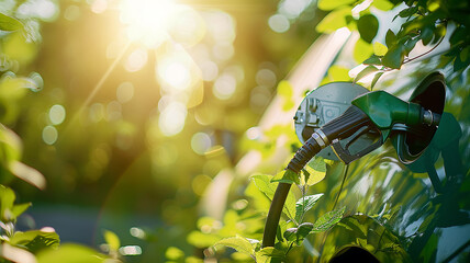 Refueling a car, a fuel injector in sunlight among the leaves of greenery, a background image for biofuel energy