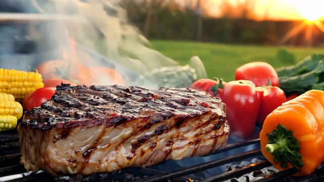 Grilling a perfectly seasoned steak with fresh vegetables in an outdoor garden at sunset