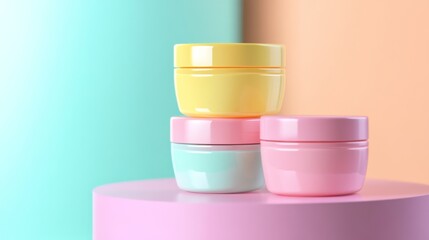 Stack of Three Pastel Colored Cosmetic Jars