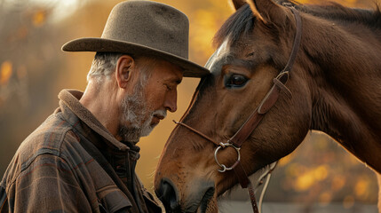 Fototapeta premium Close-up of a man and his horse, their heads close together, sharing a moment of connection