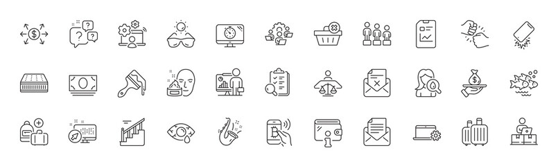 Online job, Teacher and Moisturizing cream line icons. Pack of Bitcoin pay, Stairs, Inspect icon. Question bubbles, Smartphone broken, Conjunctivitis eye pictogram. Loan, Report document. Vector