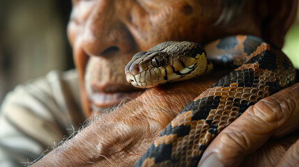 Fototapeta premium Close-up of a man and his pet snake, the snake wrapped around his wrist, both calm and composed