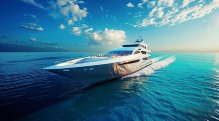 Naklejka premium A breathtaking luxury yacht gracefully gliding through calm and serene waters under a stunning sunset sky