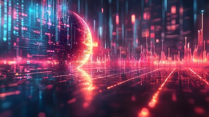 Obraz premium A glowing sphere surrounded by vibrant, digital lines in a futuristic, neon cityscape.