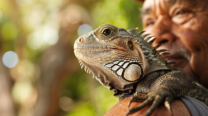 Obraz premium Close-up of a man and his pet lizard, the lizard sitting on his shoulder, looking intently into the distance