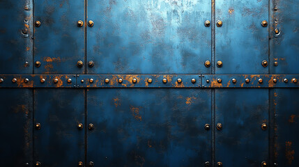 Fototapeta premium A blue metal surface with rusty spots and rivets.