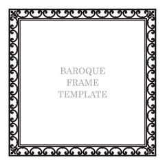 Vector baroque black square border frame. Template. Isolated on white background.