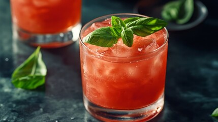 A refreshing summer watermelon cocktail with basil leaves 