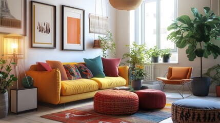 Obraz premium A bright and inviting living room featuring colorful decor, natural light, and a cozy, comfortable vibe.