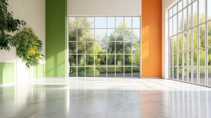 Obraz premium A bright, empty loft space with a garden view, green and orange accent walls, and polished marble floors, inviting natural light.
