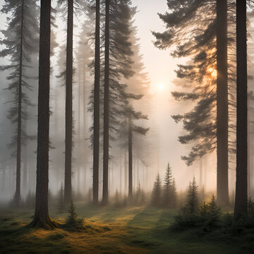 A serene, misty forest with tall pine trees and a gentle sunrise illuminating the fog