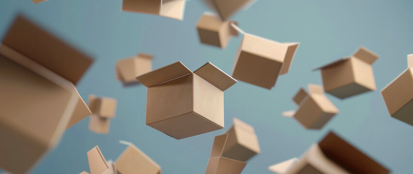 3d model of many flying cardboard boxes and parcels. Mail, delivery of goods, cargo transportation, online shopping. Selective focus.