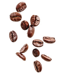 Obraz premium falling roasted coffee beans isolated on white or transparent png