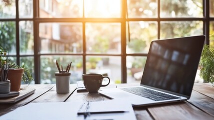 Laptop on Wooden Desk with Sunlight Streaming Through Window