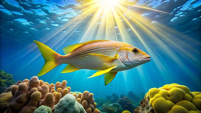 Vibrant yellowtail snapper fish swims amidst coral reef, its bright yellow body and flowing tail fin illuminated by sunbeams filtering down through turquoise water.