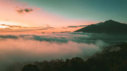 Spectacular Sunrise Over Mount Batur Volcano, Bali, Indonesia. Summer time. Drone 4k footage.