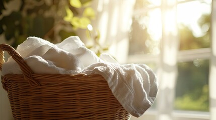A close-up view of a laundry basket overflowing with fresh white towels and linens, sitting in a sunlit room, awaiting laundry day.
