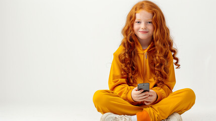  A red-haired girl, dressed in a yellow tracksuit, sitting on the floor holding a smartphone, on a light background